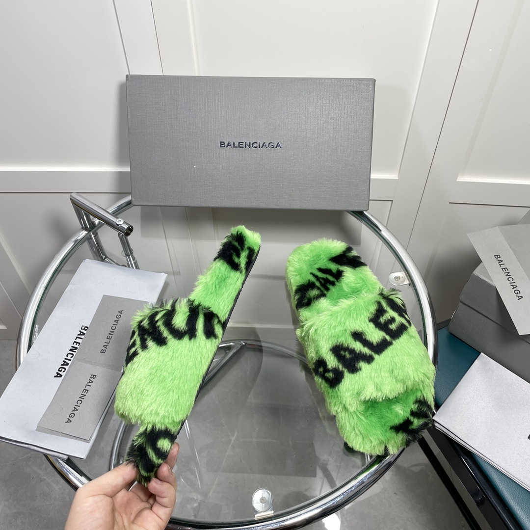 Balenciaga Furry Slide Sandal Allover Logo Green For Women