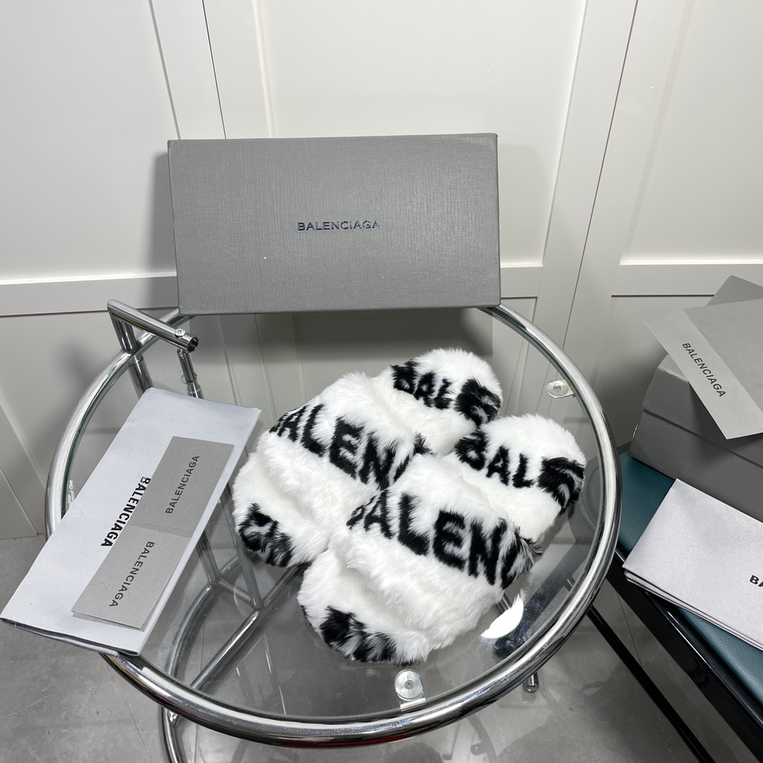 Balenciaga Furry Slide Sandal Allover Logo White For Women