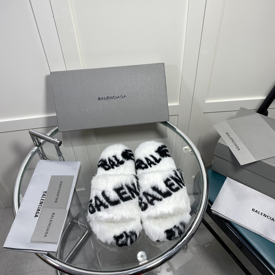 Balenciaga Furry Slide Sandal Allover Logo White For Women