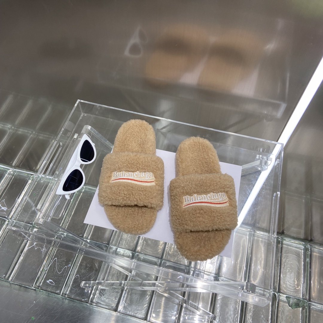 Balenciaga Furry Slide Sandal Beige For Women