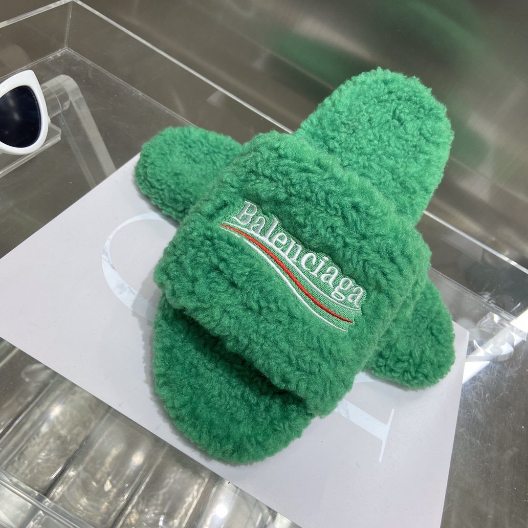 Balenciaga Furry Slide Sandal Green For Women