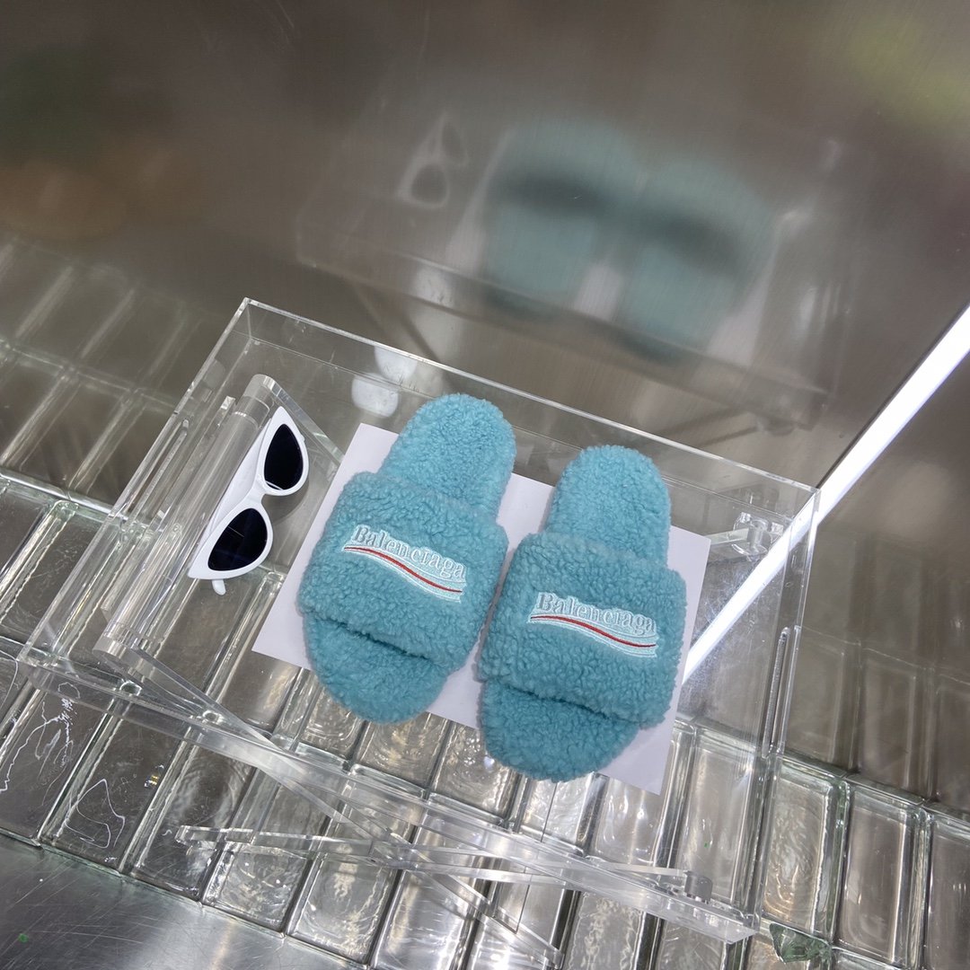 Balenciaga Furry Slide Sandal Light Blue For Women