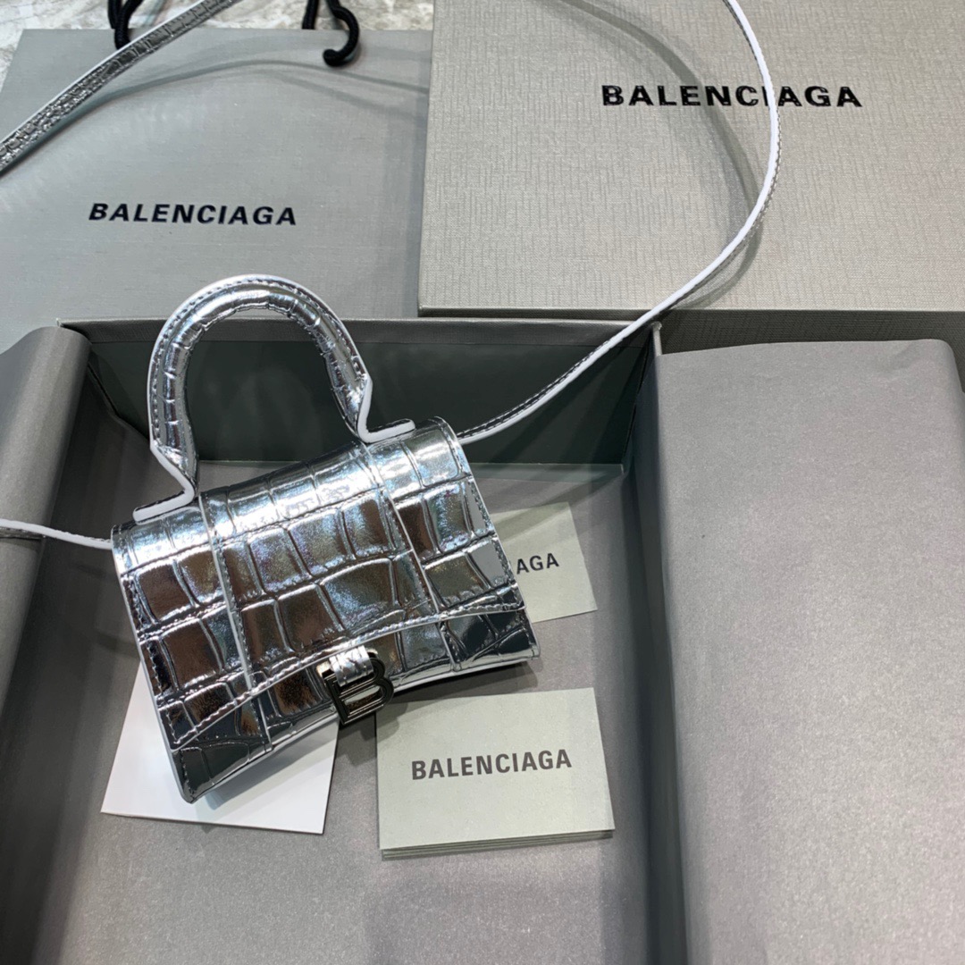 Balenciaga Hourglass Mini Handbag In Sliver, For Women, Women’s Bags 4.7in/12cm 6373721S4CY8110