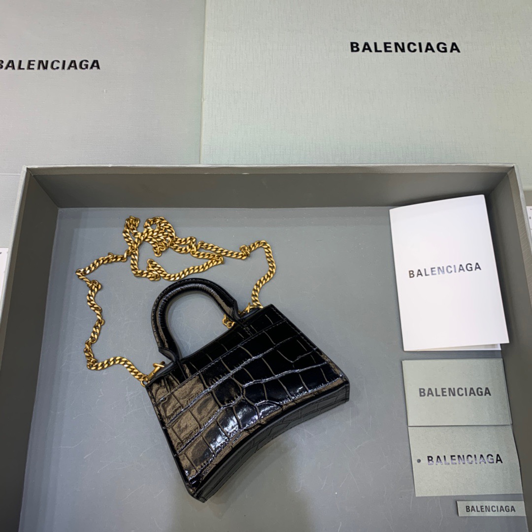 Balenciaga Hourglass Mini Handbag With Chain In Black, For Women, Women’s Bags 4.7in/12cm