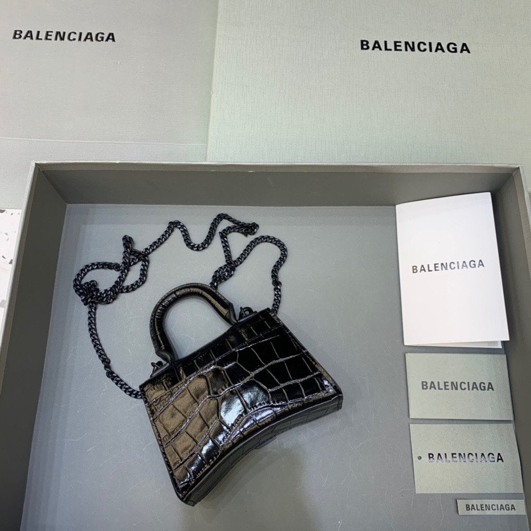 Balenciaga Hourglass Mini Handbag With Chain In Black, For Women, Women’s Bags 4.7in/12cm