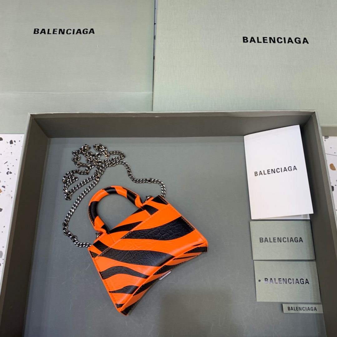 Balenciaga Hourglass Mini Handbag With Chain In Black And Orange, For Women, Women’s Bags 4.7in/12cm