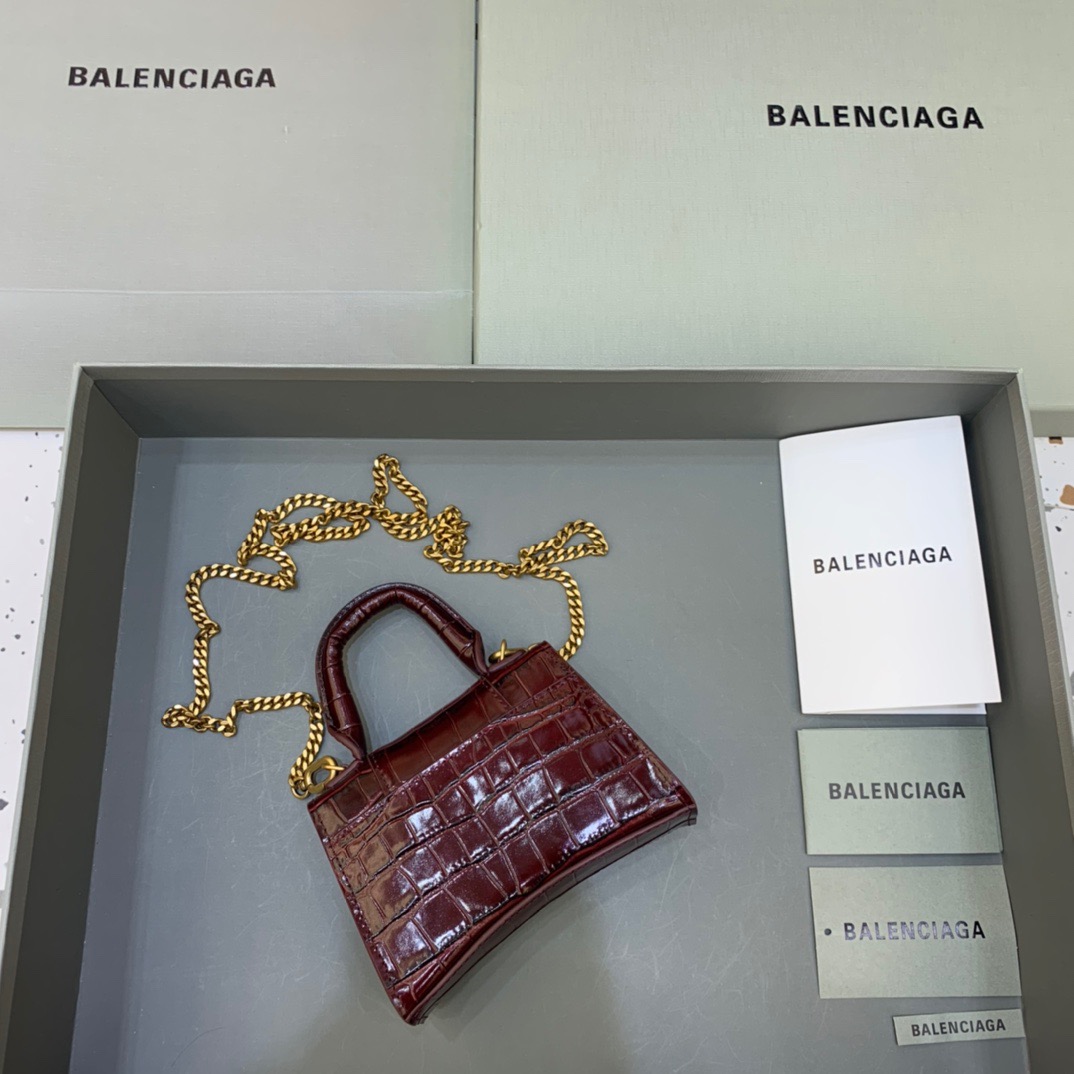 Balenciaga Hourglass Mini Handbag With Chain In Dark Red, For Women, Women’s Bags 4.7in/12cm