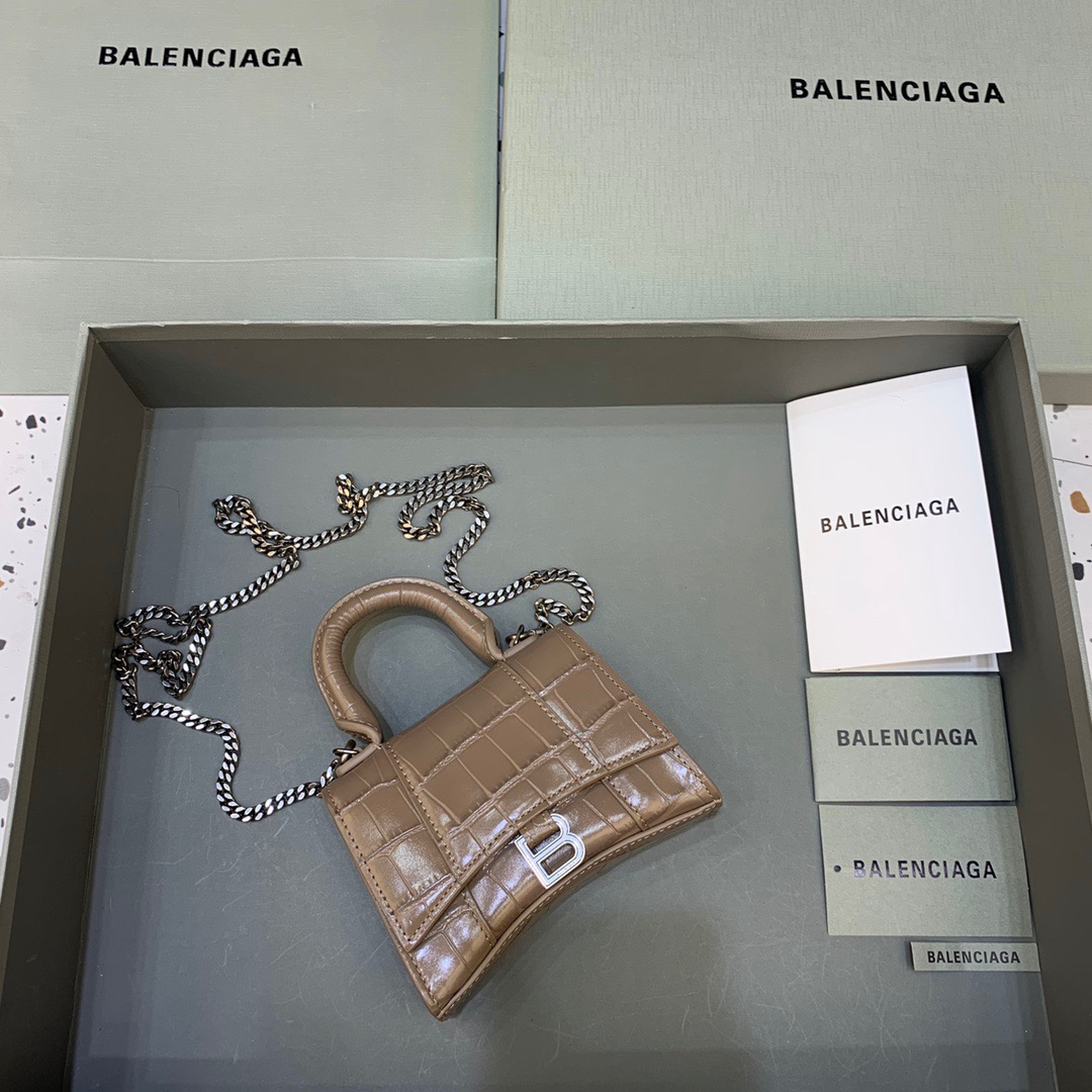 Balenciaga Hourglass Mini Handbag With Chain In Earth Brown, For Women, Women’s Bags 4.7in/12cm