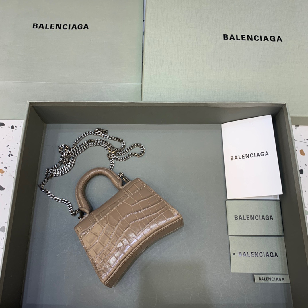 Balenciaga Hourglass Mini Handbag With Chain In Earth Brown, For Women, Women’s Bags 4.7in/12cm