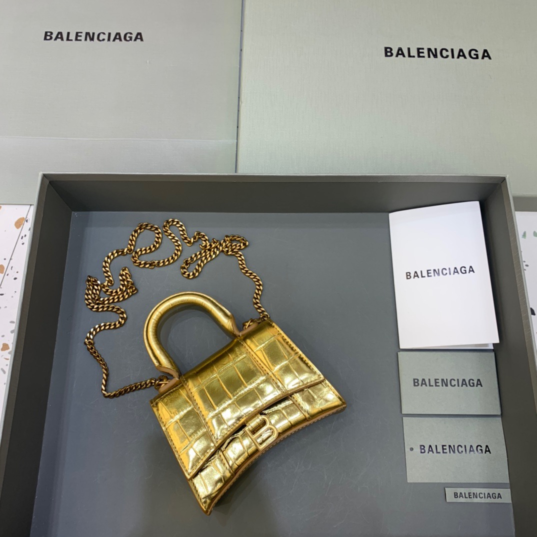 Balenciaga Hourglass Mini Handbag With Chain In Gold, For Women, Women’s Bags 4.7in/12cm 6646761S49