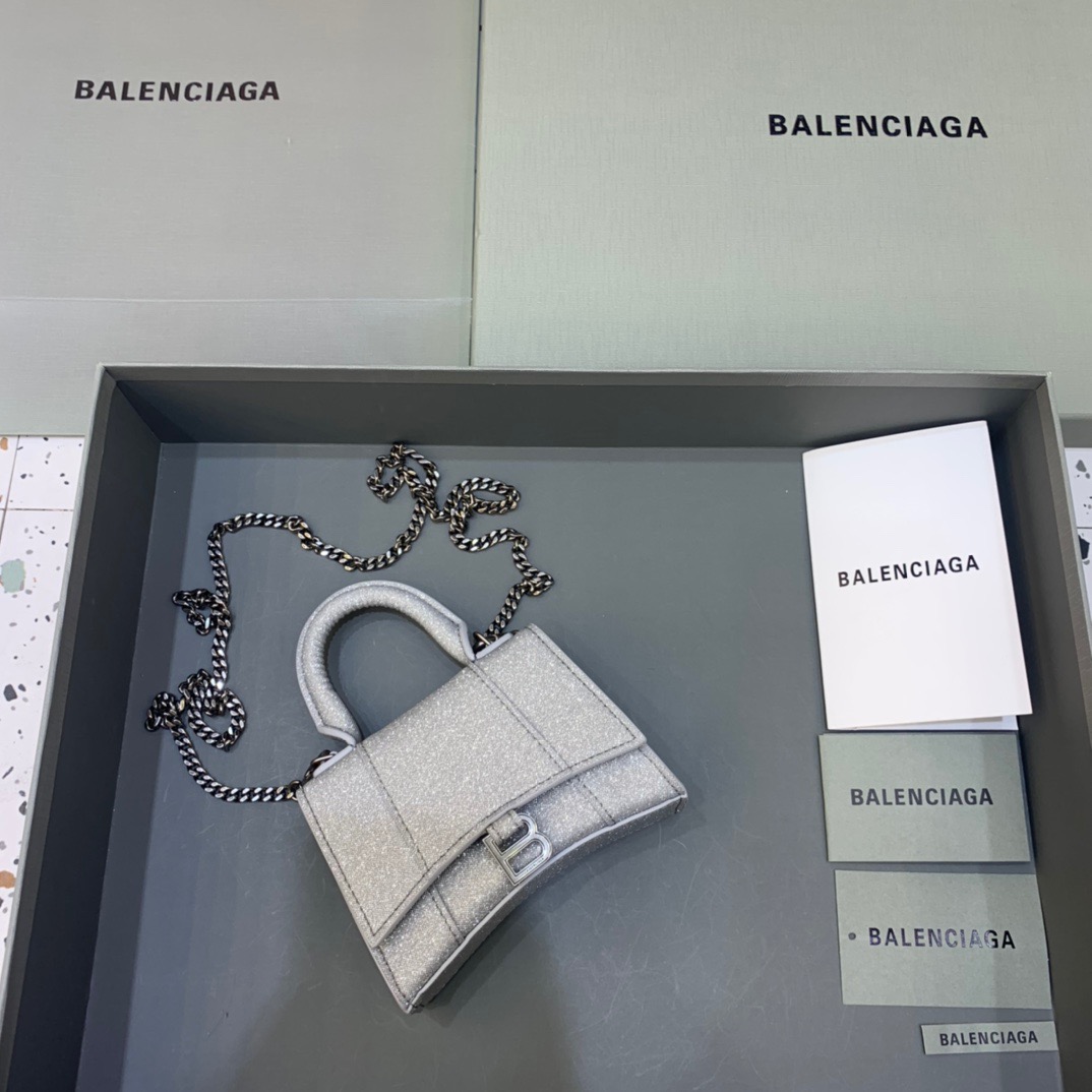 Balenciaga Hourglass Mini Handbag With Chain In Grey, For Women, Women’s Bags 4.7in/12cm