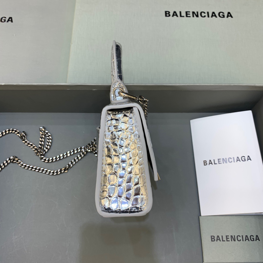 Balenciaga Hourglass Mini Handbag With Chain In Sliver, For Women, Women’s Bags 4.7in/12cm