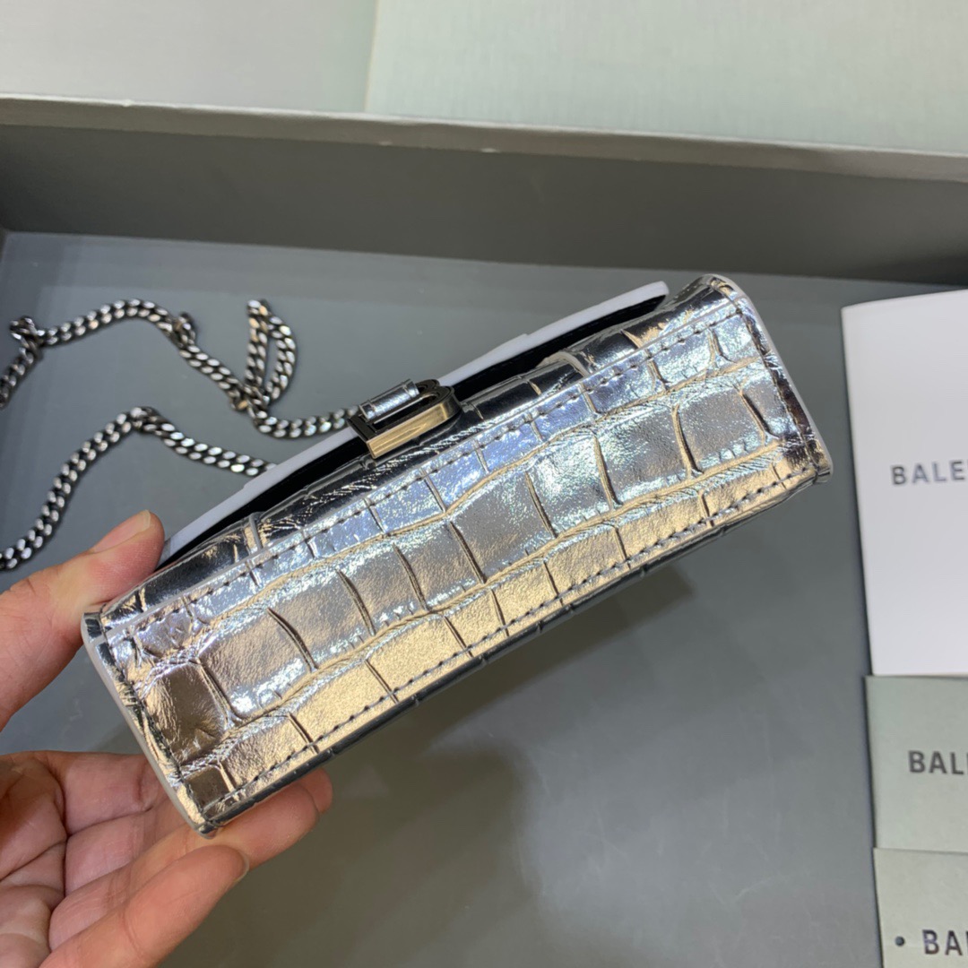 Balenciaga Hourglass Mini Handbag With Chain In Sliver, For Women, Women’s Bags 4.7in/12cm