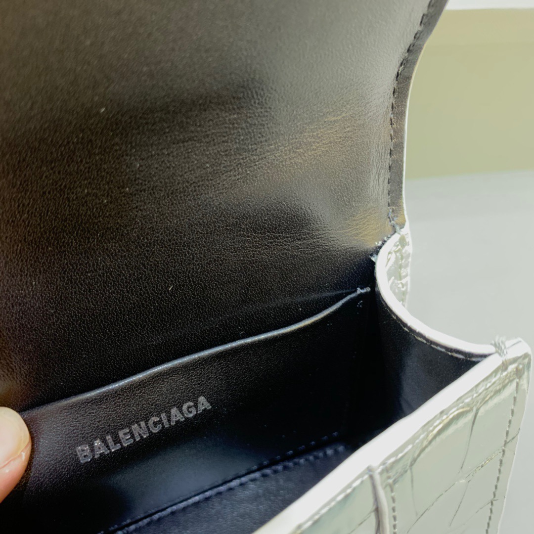 Balenciaga Hourglass Mini Handbag With Chain In Sliver, For Women, Women’s Bags 4.7in/12cm