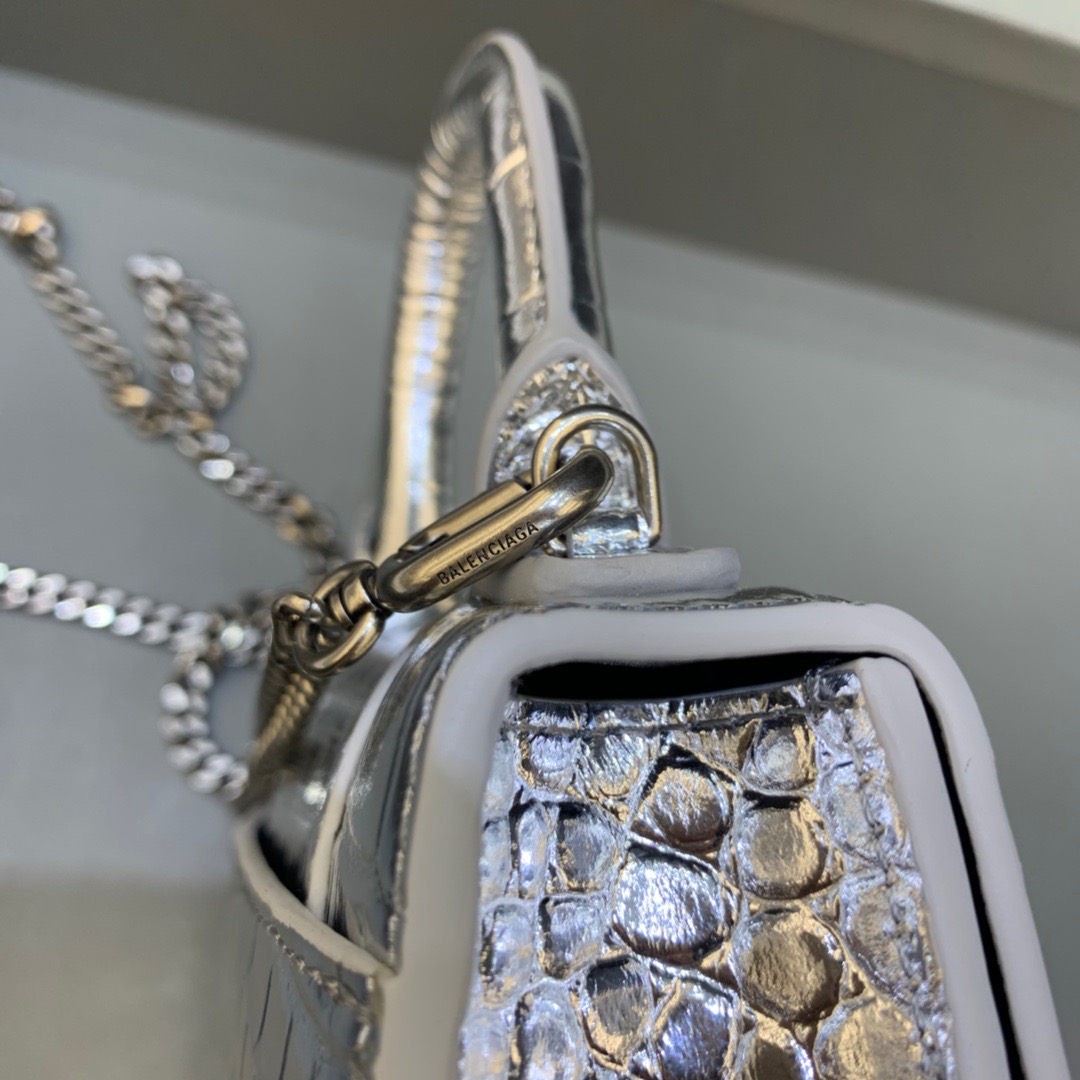 Balenciaga Hourglass Mini Handbag With Chain In Sliver, For Women, Women’s Bags 4.7in/12cm