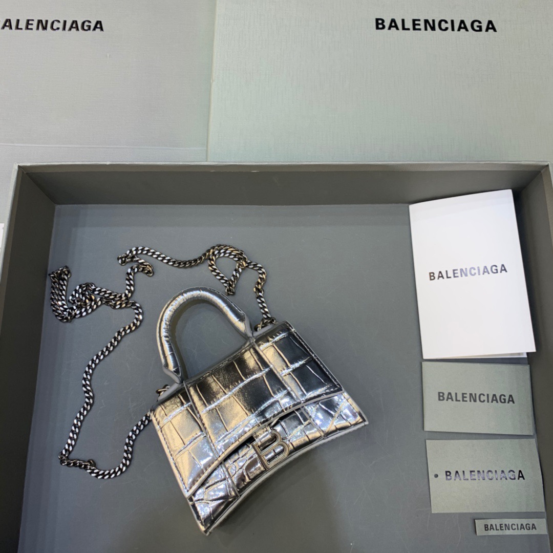 Balenciaga Hourglass Mini Handbag With Chain In Sliver, For Women, Women’s Bags 4.7in/12cm