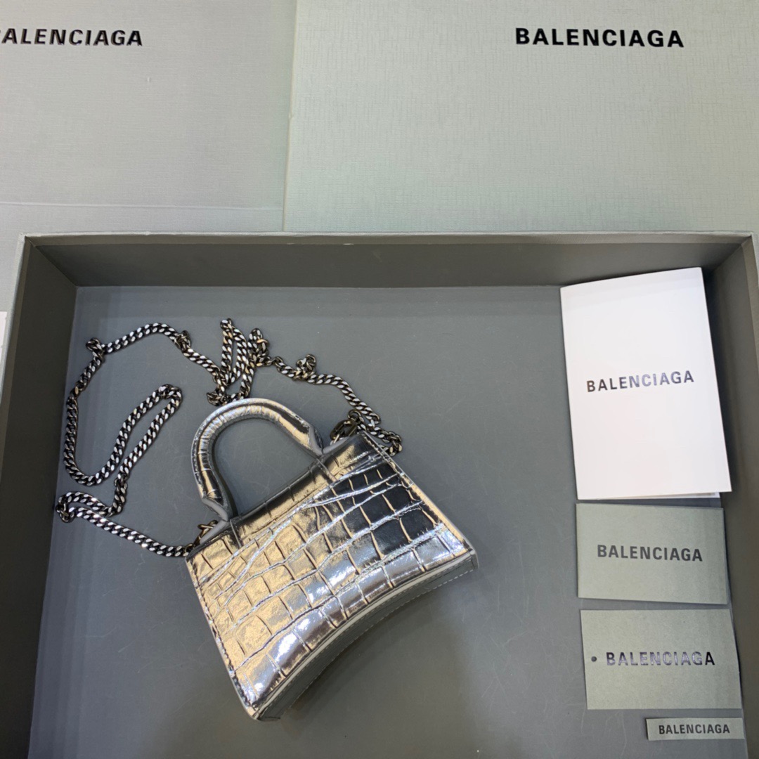 Balenciaga Hourglass Mini Handbag With Chain In Sliver, For Women, Women’s Bags 4.7in/12cm