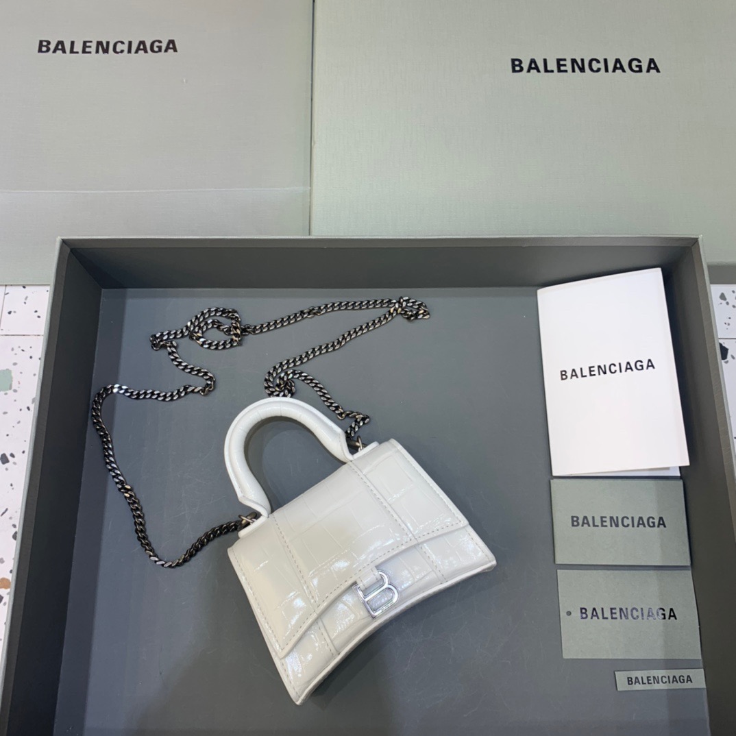 Balenciaga Hourglass Mini Handbag With Chain In White, For Women, Women’s Bags 4.7in/12cm