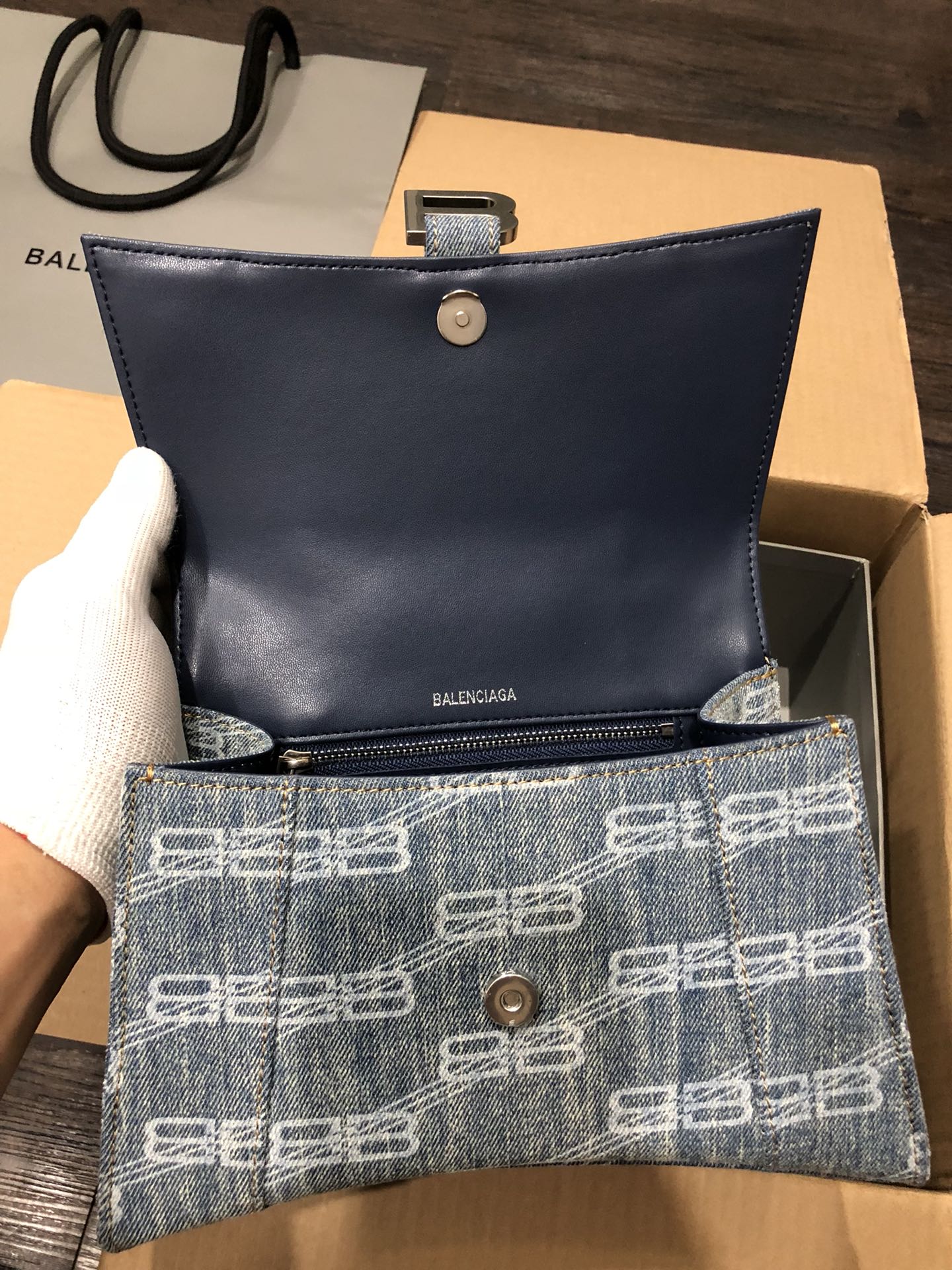 Balenciaga Hourglass Small Handbag Bb Monogram Bleached Denim In Blue For Women 9in/23cm 593546210E64716