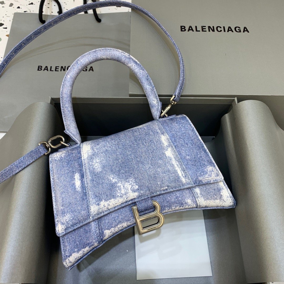 Balenciaga Hourglass Small Handbag In Blue Denim Printed, For Women, Women’s Bags 9in/23cm 5935462104W9064
