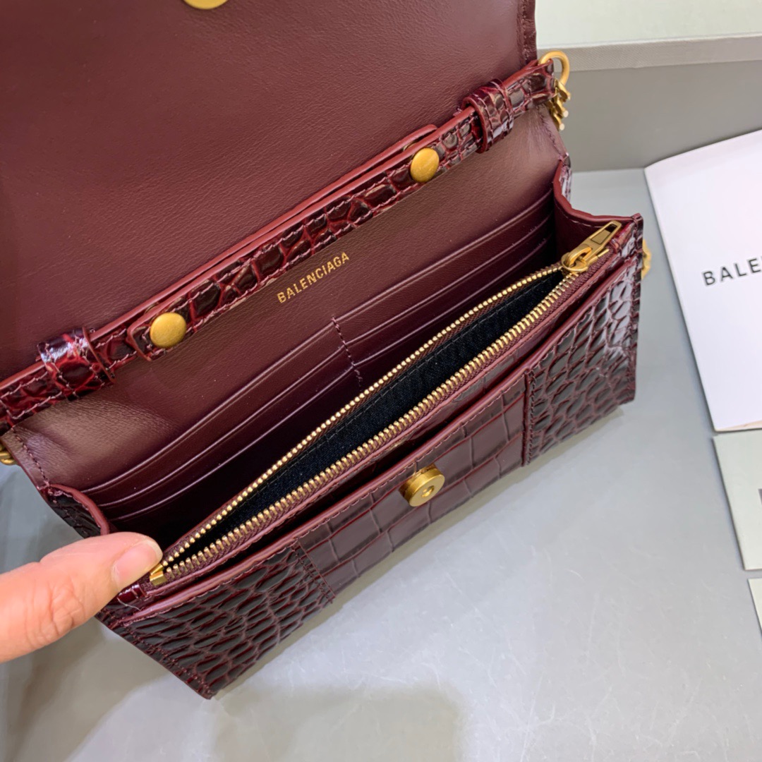 Balenciaga Hourglass Wallet On Chain in Dark Red, For Women, Women’s Bags 7.6in/19cm