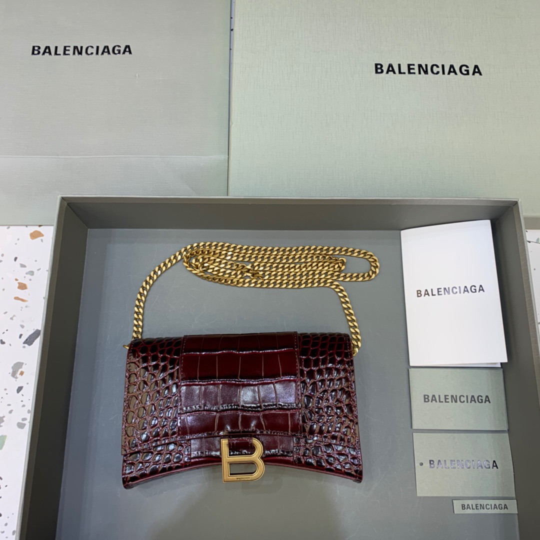 Balenciaga Hourglass Wallet On Chain in Dark Red, For Women, Women’s Bags 7.6in/19cm