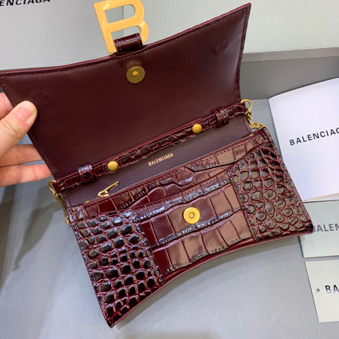 Balenciaga Hourglass Wallet On Chain in Dark Red, For Women, Women’s Bags 7.6in/19cm