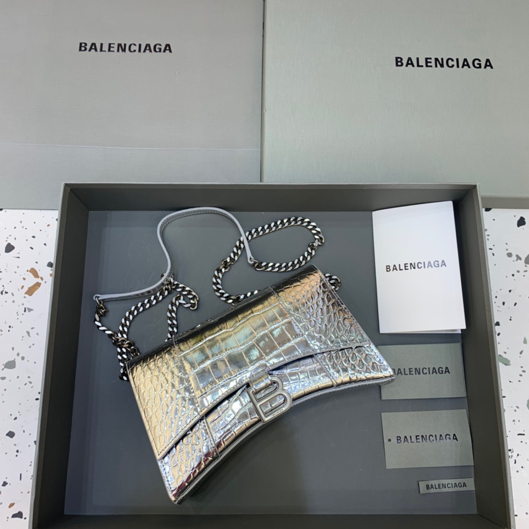 Balenciaga Hourglass Wallet On Chain in Sliver, For Women, Women’s Bags 9in/23cm