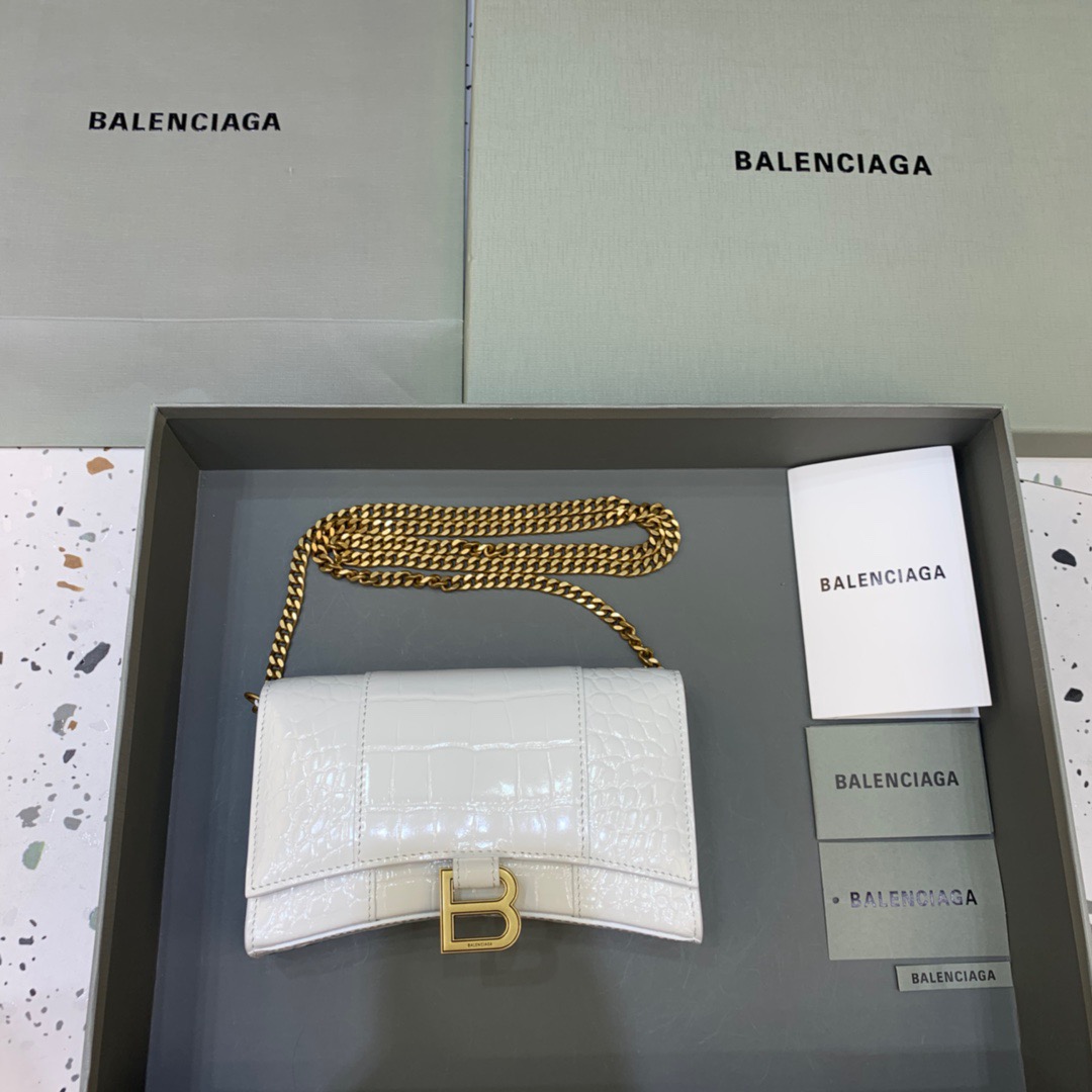 Balenciaga Hourglass Wallet On Chain in White, For Women, Women’s Bags 7.6in/19cm 6560501LRG