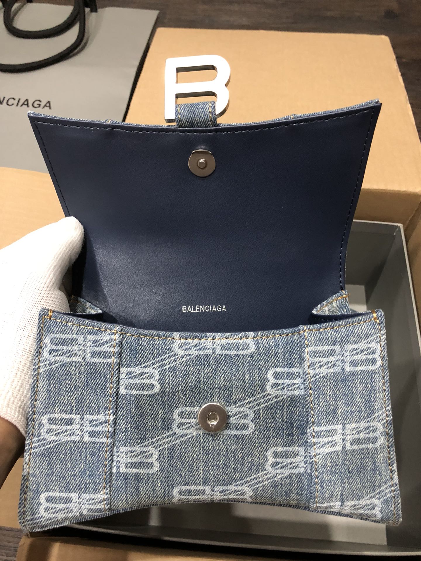 Balenciaga Hourglass XS Handbag Bb Monogram Bleached Denim In Blue For Women 7in/19cm