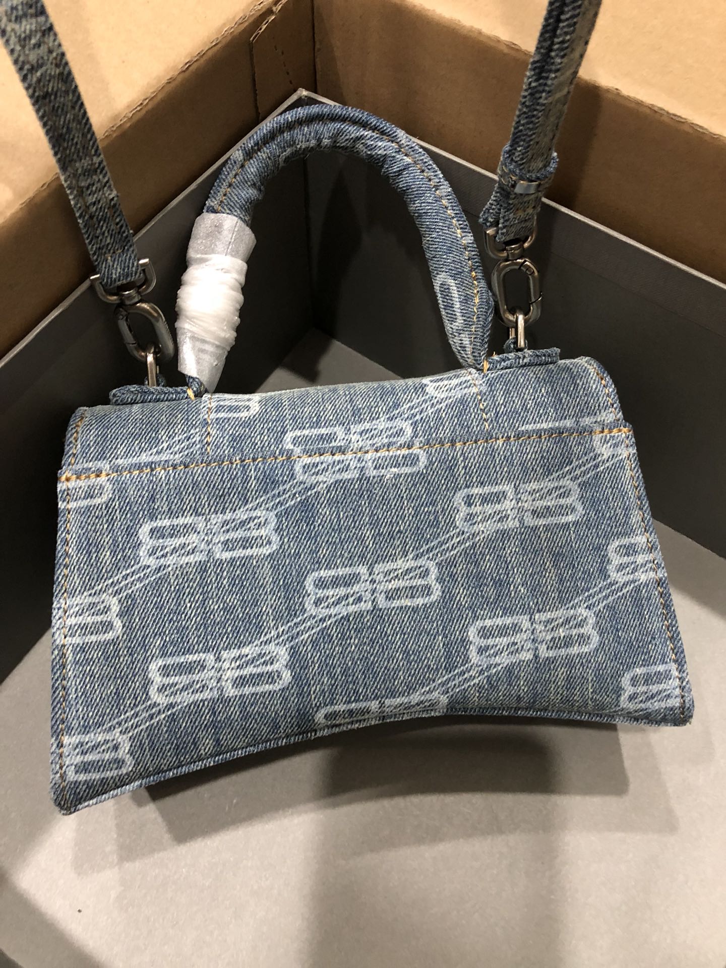 Balenciaga Hourglass XS Handbag Bb Monogram Bleached Denim In Blue For Women 7in/19cm