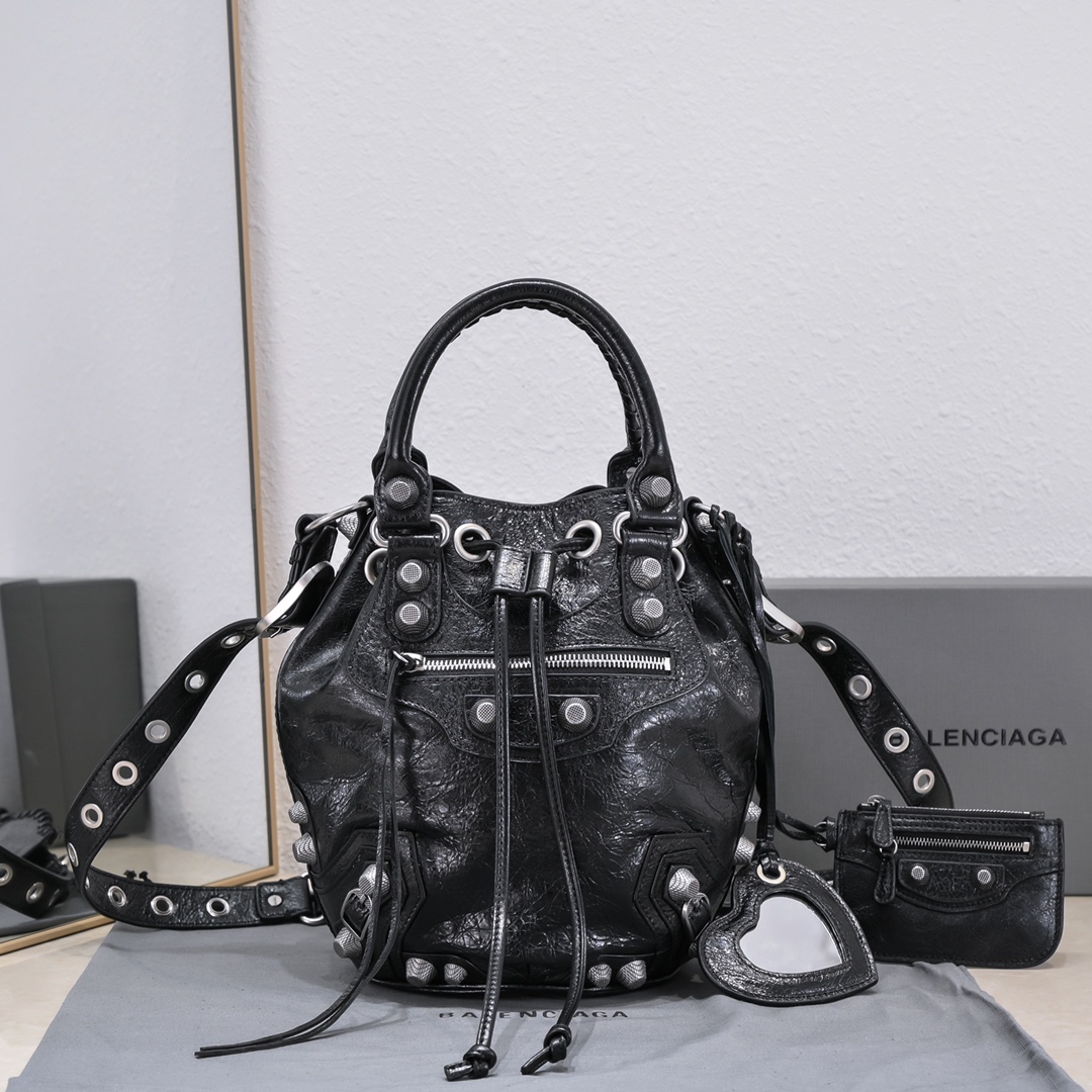 Balenciaga Le Cagole Small Bucket Bag In Black/Dark Blue/Sliver Tone For Women 11.8in/30 cm 7024321VG9Y1000