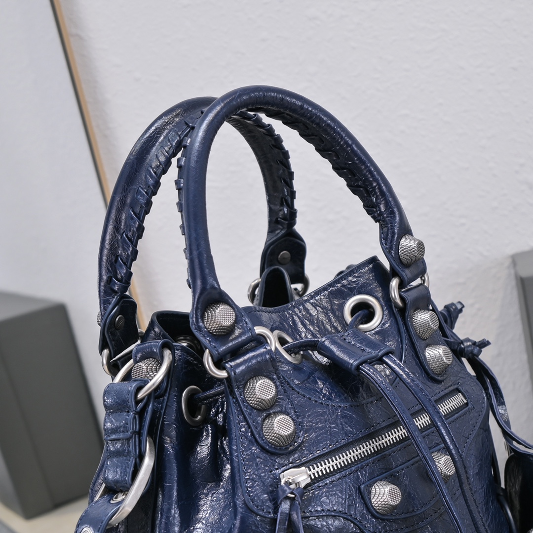 Balenciaga Le Cagole Small Bucket Bag In Black/Dark Blue/Sliver Tone For Women 11.8in/30 cm 7024321VG9Y1000