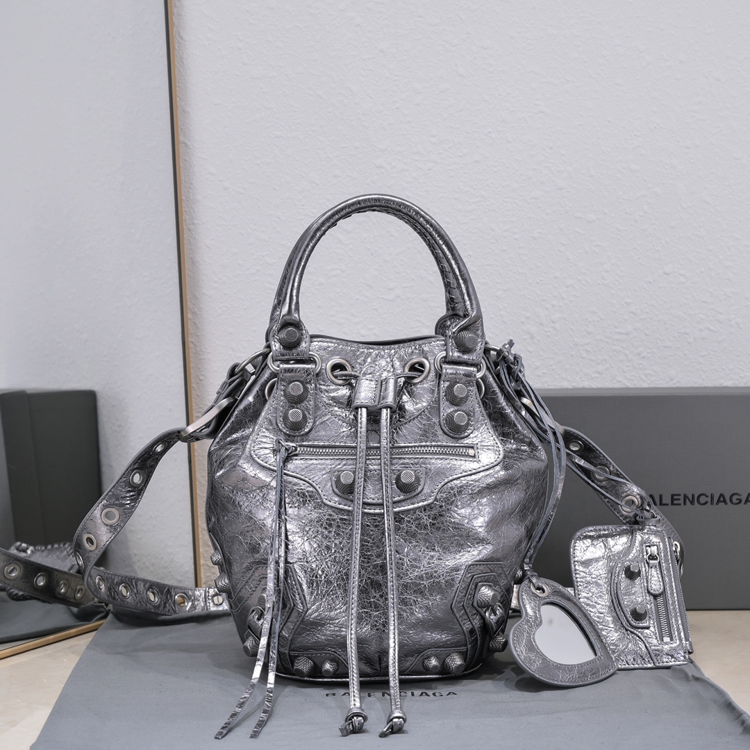 Balenciaga Le Cagole Small Bucket Bag In Black/Dark Blue/Sliver Tone For Women 11.8in/30 cm 7024321VG9Y1000