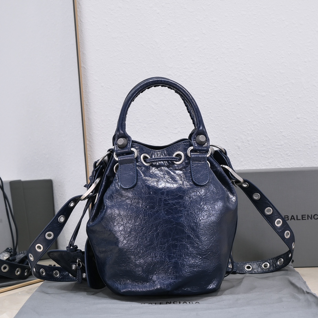 Balenciaga Le Cagole Small Bucket Bag In Black/Dark Blue/Sliver Tone For Women 11.8in/30 cm 7024321VG9Y1000