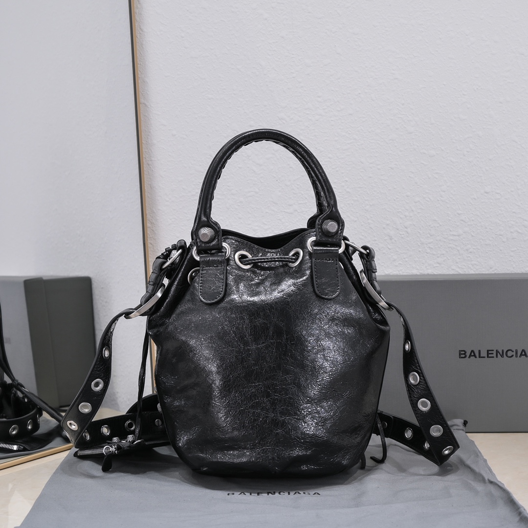 Balenciaga Le Cagole Small Bucket Bag In Black/Dark Blue/Sliver Tone For Women 11.8in/30 cm 7024321VG9Y1000