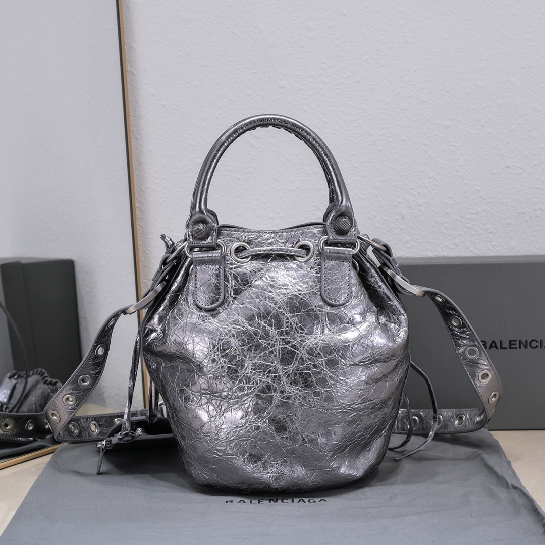 Balenciaga Le Cagole Small Bucket Bag In Black/Dark Blue/Sliver Tone For Women 11.8in/30 cm 7024321VG9Y1000