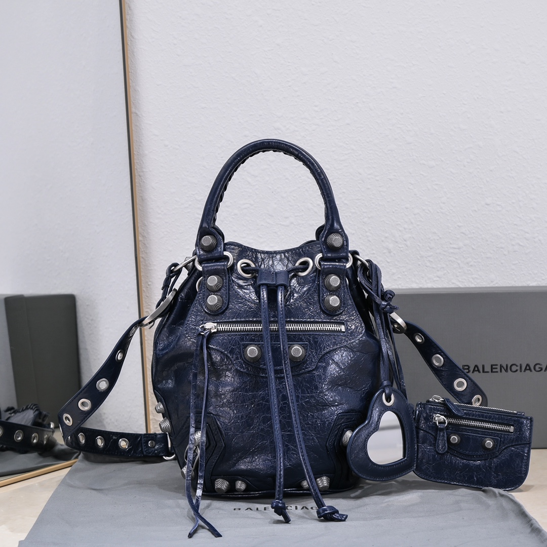 Balenciaga Le Cagole Small Bucket Bag In Black/Dark Blue/Sliver Tone For Women 11.8in/30 cm 7024321VG9Y1000