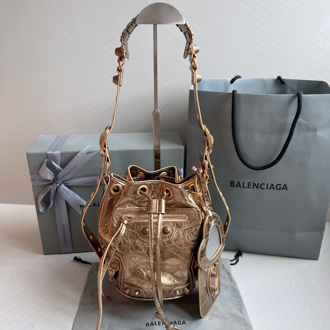 Balenciaga Le Cagole Xs Bucket Bag Metallized With Rhinestones In Gold Tone For Women 7.8in/20 cm 702431210D48006