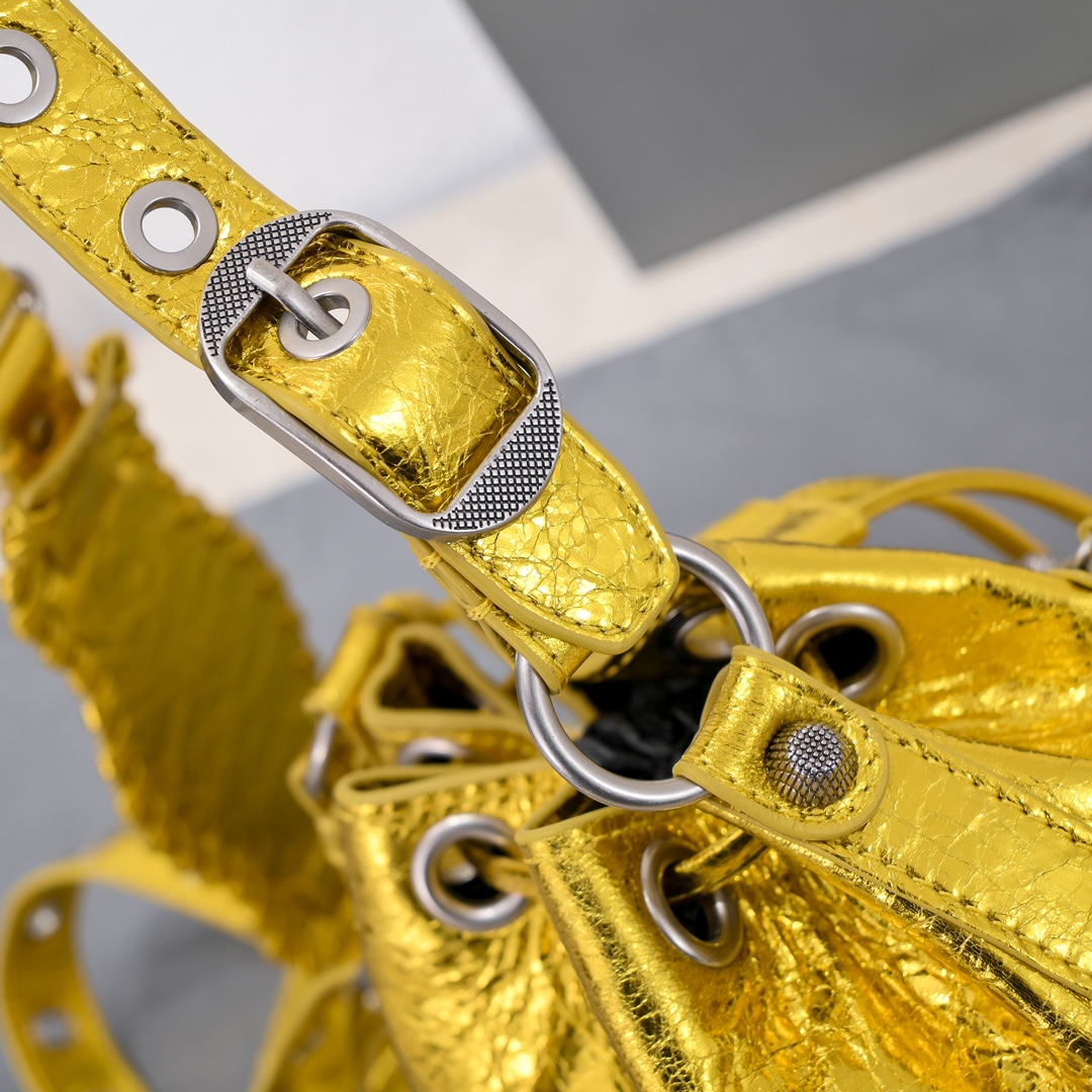 Balenciaga Le Cagole Xs Bucket Bag Metallized With Rhinestones In Gold Tone/Sliver Tone/Grey For Women 7.8in/20 cm