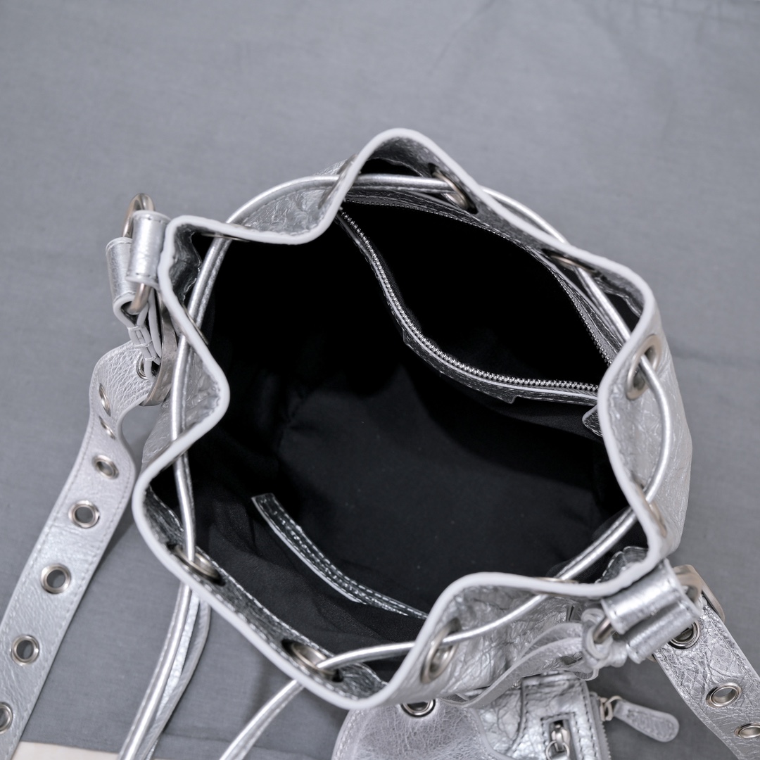 Balenciaga Le Cagole Xs Bucket Bag Metallized With Rhinestones In Gold Tone/Sliver Tone/Grey For Women 7.8in/20 cm