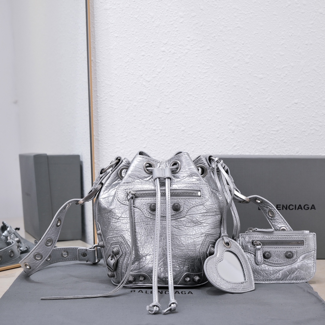 Balenciaga Le Cagole Xs Bucket Bag Metallized With Rhinestones In Gold Tone/Sliver Tone/Grey For Women 7.8in/20 cm