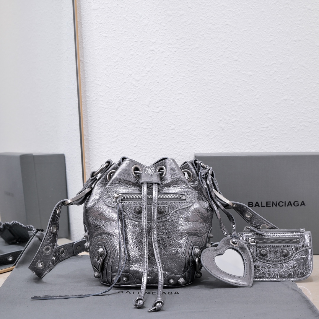 Balenciaga Le Cagole Xs Bucket Bag Metallized With Rhinestones In Gold Tone/Sliver Tone/Grey For Women 7.8in/20 cm