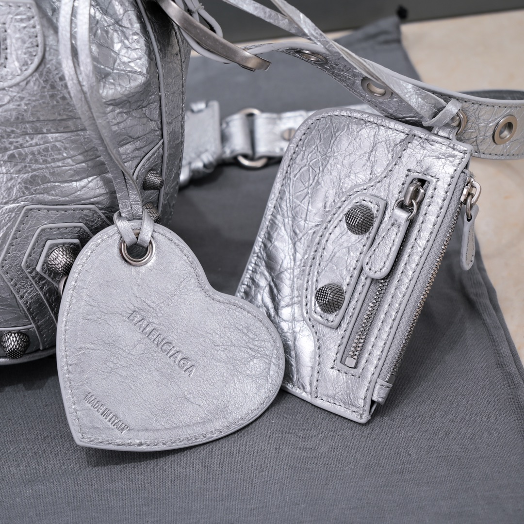Balenciaga Le Cagole Xs Bucket Bag Metallized With Rhinestones In Gold Tone/Sliver Tone/Grey For Women 7.8in/20 cm