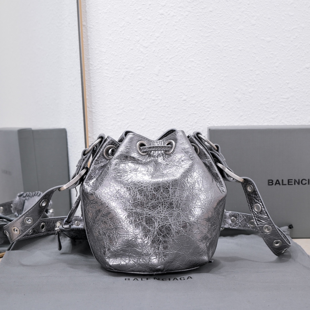Balenciaga Le Cagole Xs Bucket Bag Metallized With Rhinestones In Gold Tone/Sliver Tone/Grey For Women 7.8in/20 cm