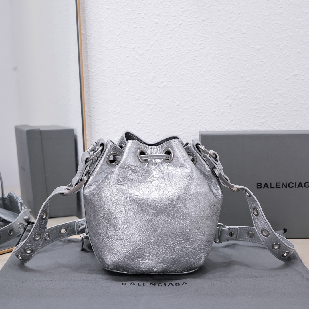Balenciaga Le Cagole Xs Bucket Bag Metallized With Rhinestones In Gold Tone/Sliver Tone/Grey For Women 7.8in/20 cm