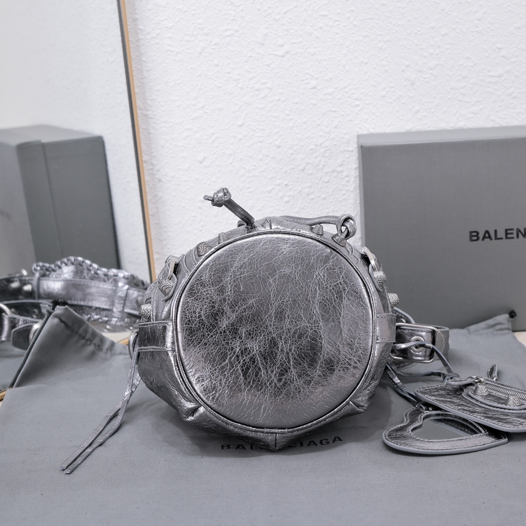 Balenciaga Le Cagole Xs Bucket Bag Metallized With Rhinestones In Gold Tone/Sliver Tone/Grey For Women 7.8in/20 cm
