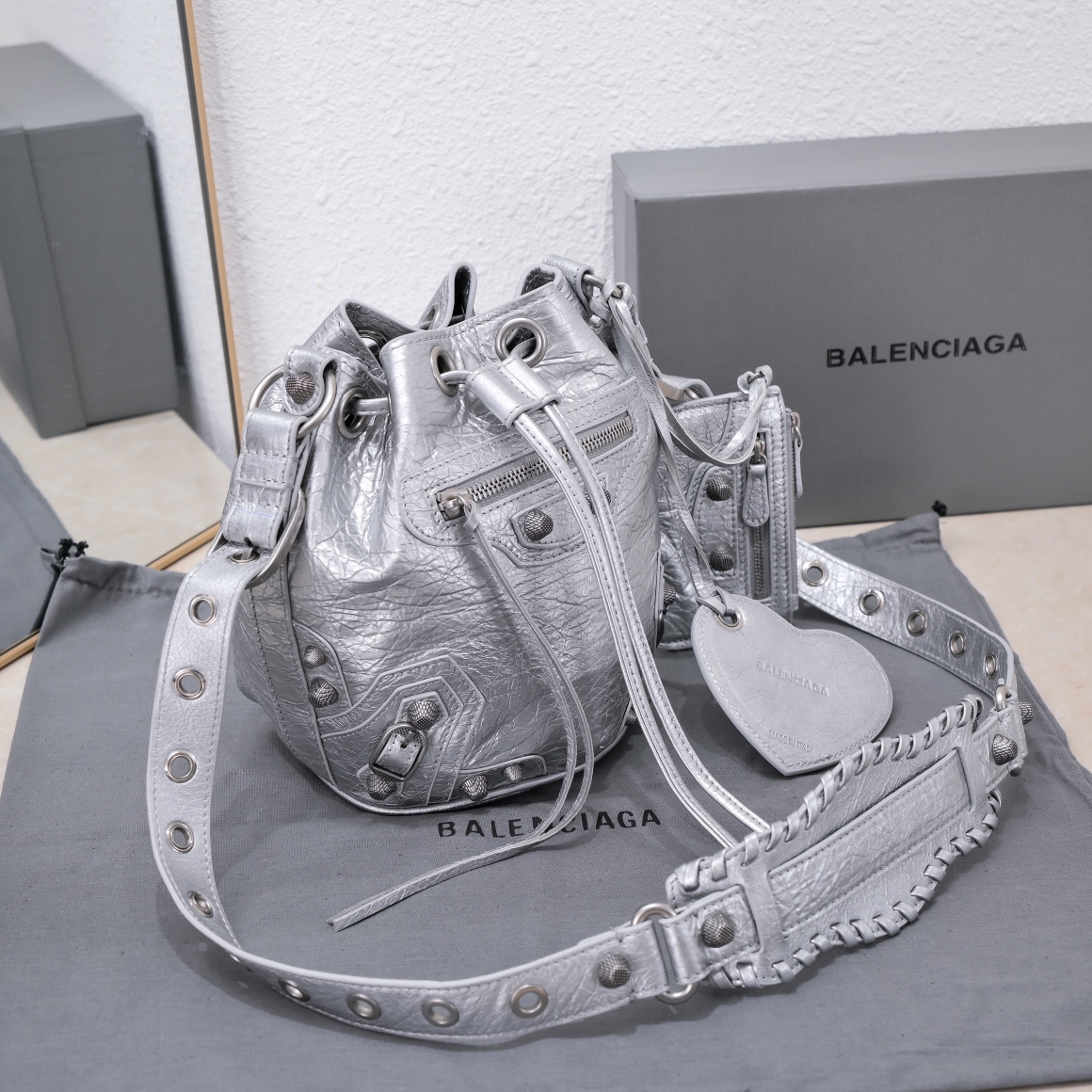 Balenciaga Le Cagole Xs Bucket Bag Metallized With Rhinestones In Gold Tone/Sliver Tone/Grey For Women 7.8in/20 cm