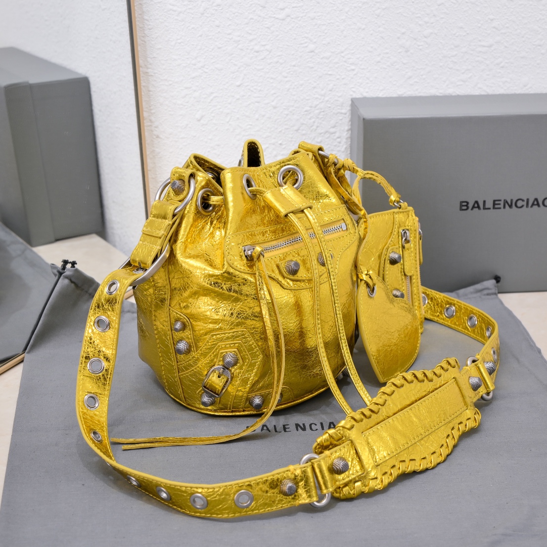 Balenciaga Le Cagole Xs Bucket Bag Metallized With Rhinestones In Gold Tone/Sliver Tone/Grey For Women 7.8in/20 cm