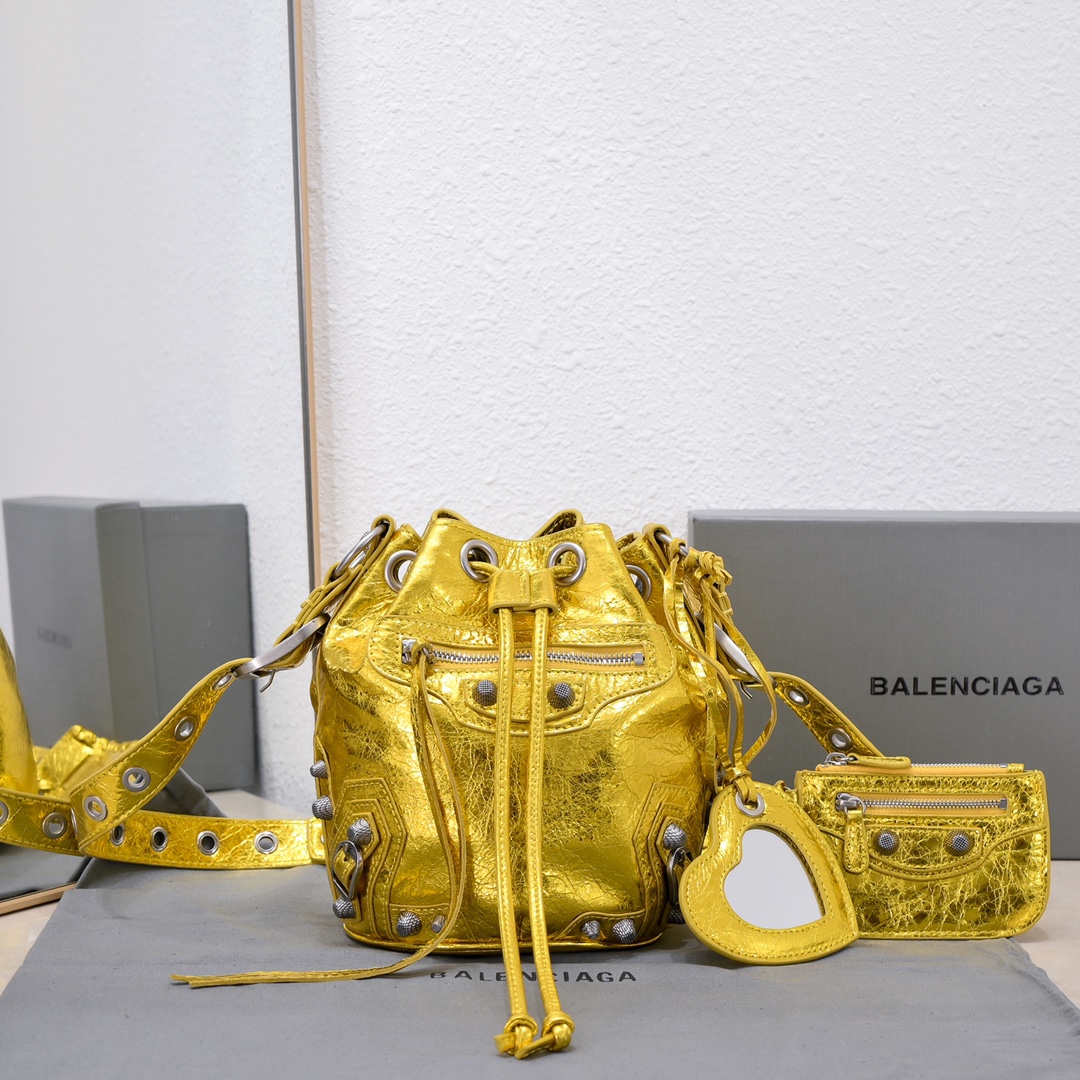 Balenciaga Le Cagole Xs Bucket Bag Metallized With Rhinestones In Gold Tone/Sliver Tone/Grey For Women 7.8in/20 cm